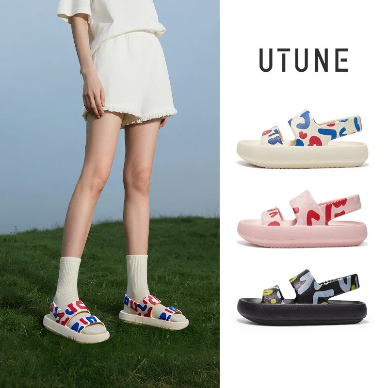Ready Stock Utune Sandal Datar Wanita Bermotif Sepatu Pantai Luar Ruangan Wanita Sandal Eva Anti