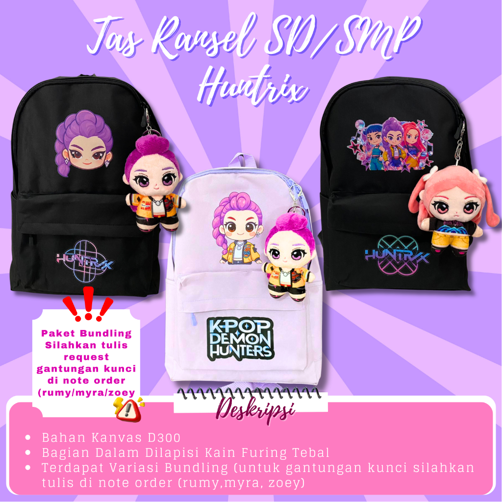 BAGS Ransel hitam Polos Wanita Pria Tas Sekolah aestetic Polos anak SD SMP Huntrix Rumi Myra Demon h