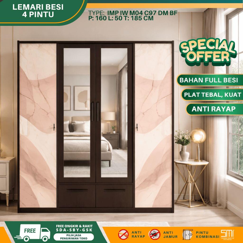 Lemari Besi 4 Pintu - Lemari pakaian sliding, lemari baju besi, lemari besi 4 pintu, lemari besi
