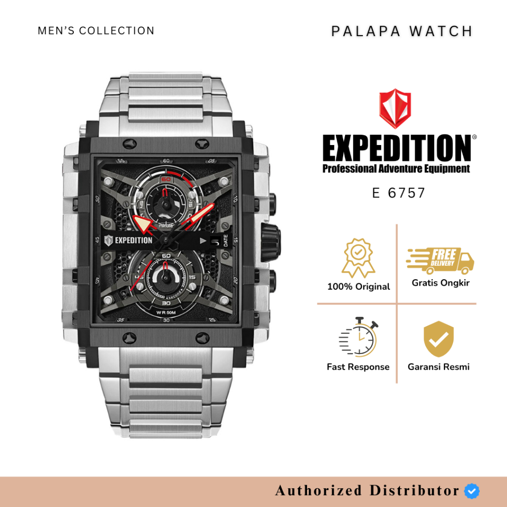 Jam Tangan Pria Expedition EXP 6757 / exp6757 / 6757 Silver Black Rantai Chronograph Original