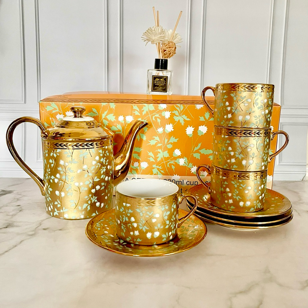 Teko Set Emas Mewah 10 PCS - Teko Set Parcel - Cangkir Set Nakami - Cangkir Kopi Set