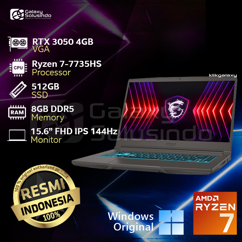 MSI Gaming Thin A15 B7UC Laptop 15.6" FHD 144Hz AMD Ryzen 5 7535HS 16GB DDR5 512GB SSD RTX 3050 4GB Hitam