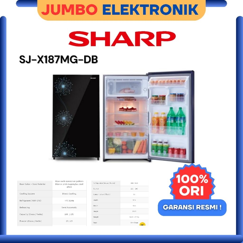 Kulkas Mini 1 Pintu Sharp SJ-X187MG-DB Kapasitas 187 Liter dengan Desain Modern dan Efisien Energi G