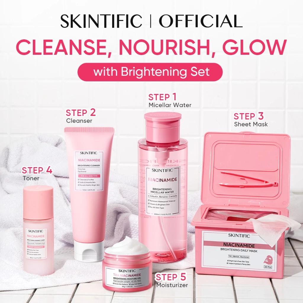 [5PCS] SKINTIFIC Brightening 5-in-1 Skincare Set – Toner/serum+Cleanser+Moisturizer+Micellar Water+B