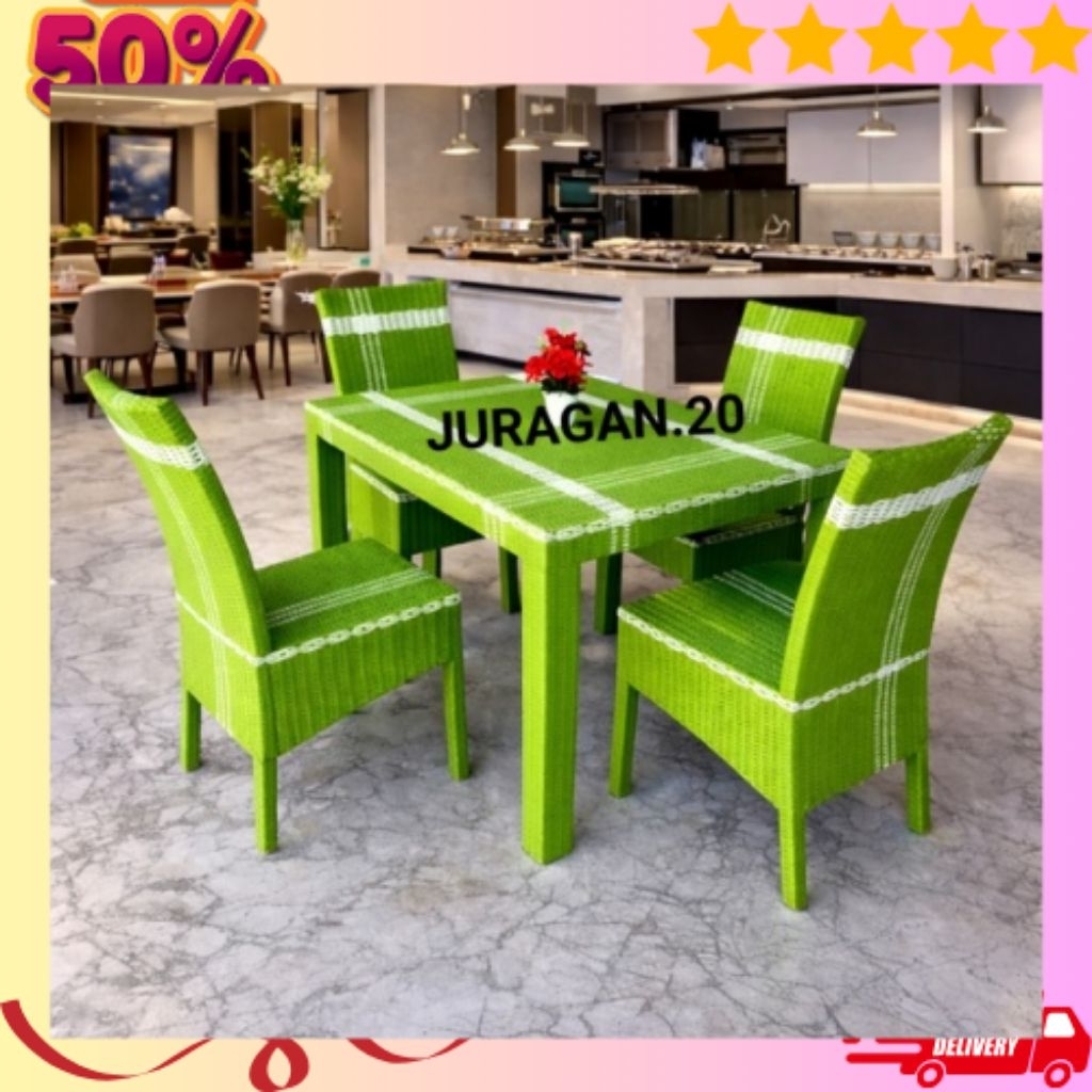 (REDY STOK) Kursi Dan Meja Makan Rotan Sintetis 4 Kursi Sudah Termasuk Jok Bantal
