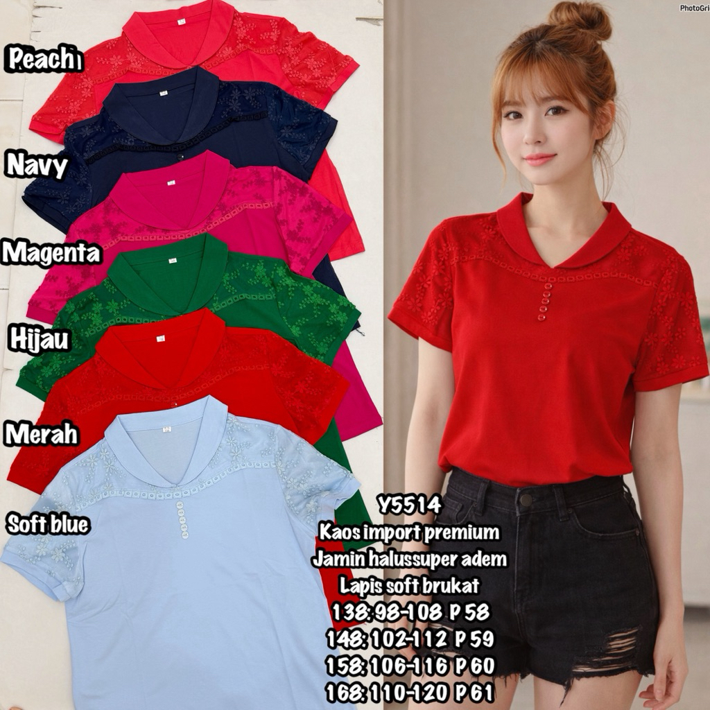 Kaos Import Wanita V neck Bordir 5514