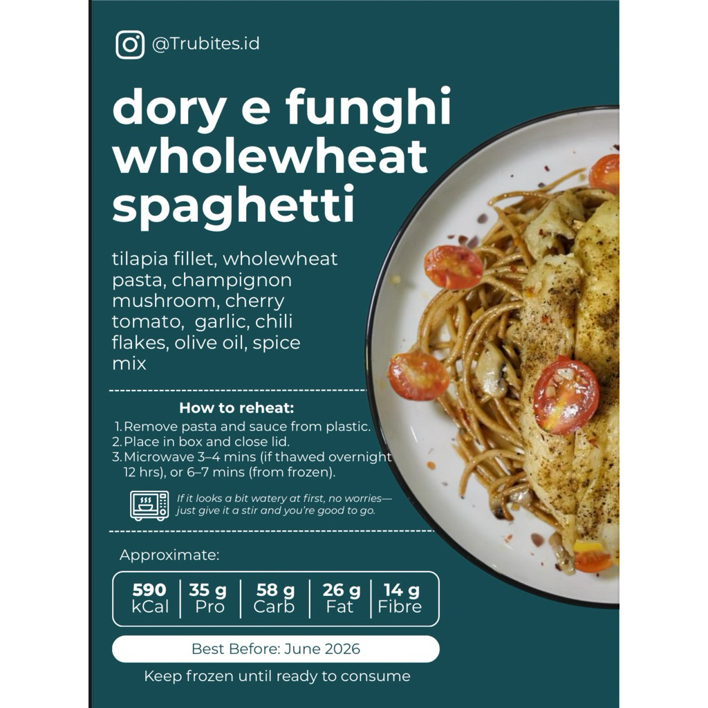 Trubites Dory e Funghi Wholewheat Spaghetti | Healthy Pasta High Protein 35g | Frozen Healthy Meal |