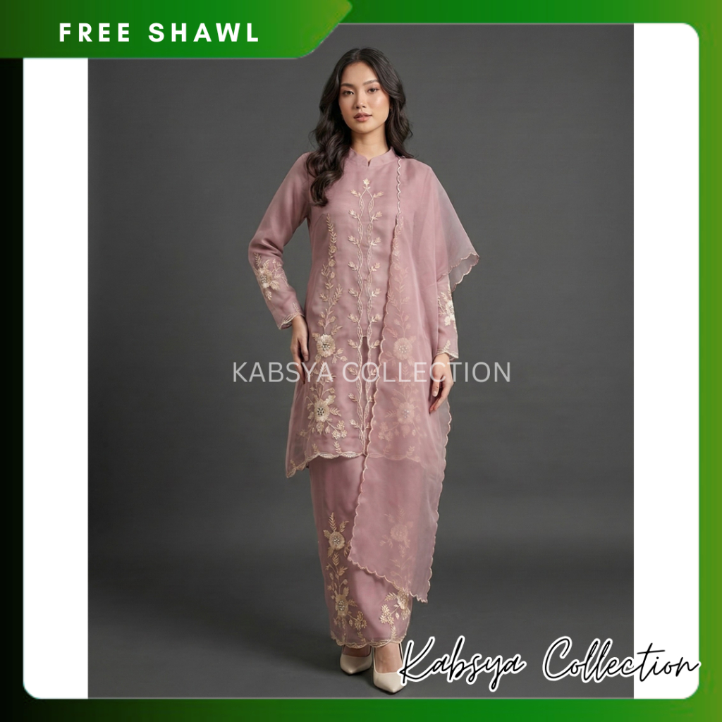 ONE SET KEBAYA KURUNG MELAYU ORGANZA Dan Selendang Bordir / Baju Kurung Organza / Setelan Baju Kurun