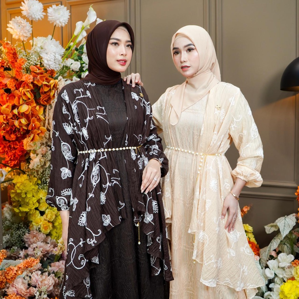 Dumma.id Set Outer Aliza Fairy Crepe Mix Brukat Chantily Lapis Furing Gamis Mewah