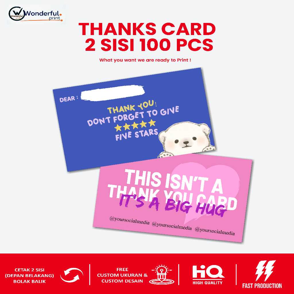 Thank You Card 2 sisi 100pcs Bebas Custom Design Ukuran