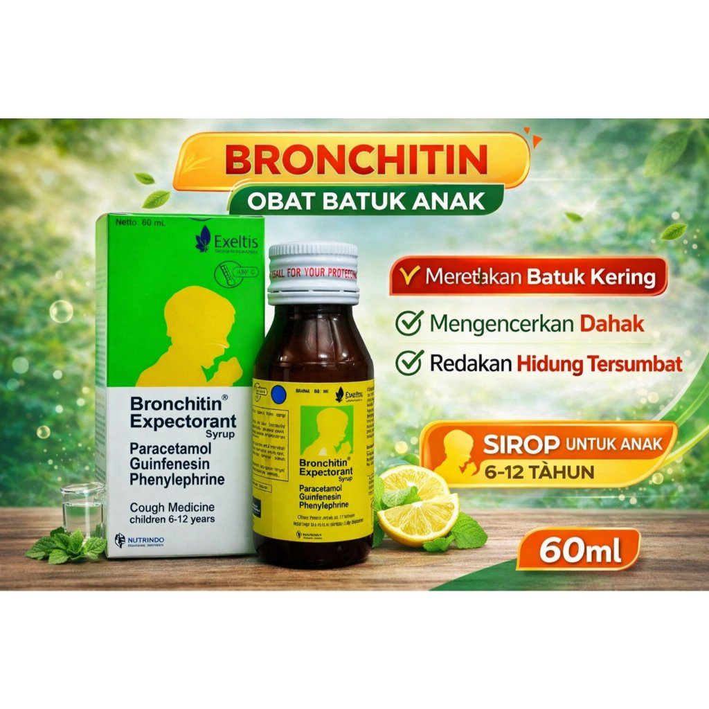 BRONCHITIN EXPECTORANT SYRUP 60ML | OBAT BATUK ANAK 6–12 TAHUN | REDAKAN BATUK | DAHAK | HIDUNG TERS