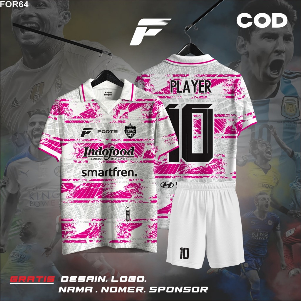 JERSEY FUTSAL CUSTOM KERAH FULL PRINTING NAMA DAN NOMOR PUNGGUNG WARNA PINK BAJU DAN CELANA KEREN