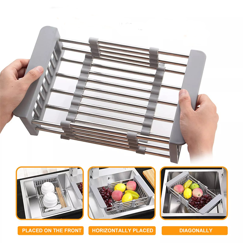 Peniris Makan atau Piring di Sinks / Rak Cuci Piring Buah Wastafel Retractable Stainless Steel