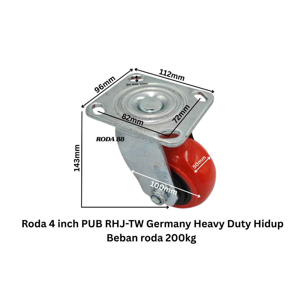 Roda 4 inch PUB RHJ-TW Germany Heavy Duty Hidup, Beban Roda 200kg