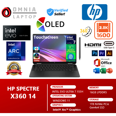 Laptop HP SPECTRE X360 14 INTEL EVO ULTRA 7 155H 16GB DDR5 1TB INTEL ARC 14 OLED TOUCH Stylus Pen WI