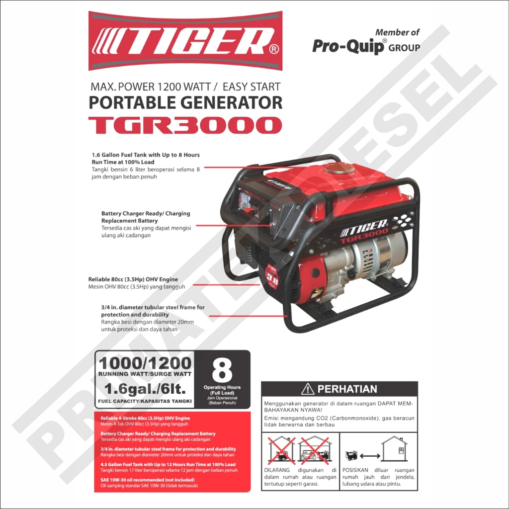 (TIGER TGR3000) Genset TIGER TGR3000 1200 Watt AVR / Portable Generator 1200W 4Tak TGR 3000 TIGER / 