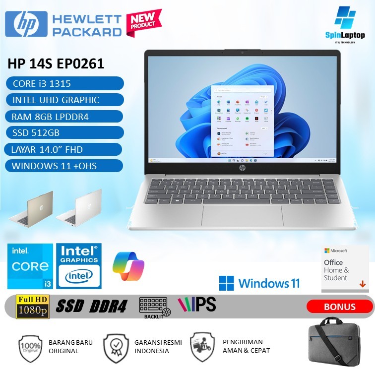 Laptop HP Core i3 -1315U RAM 8GB /512GB Layar 14.0" FHD | HP 14s EP2061TU Garansi resmi
