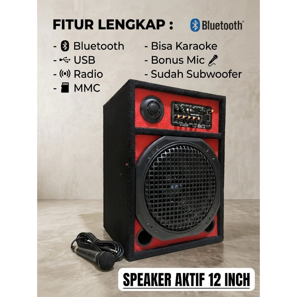 SPEAKER AKTIF 12 INCH SUBWOOFER BLUETOOTH FREE MIC KABEL - Salon Aktif Radio USB Karaoke Full Bass