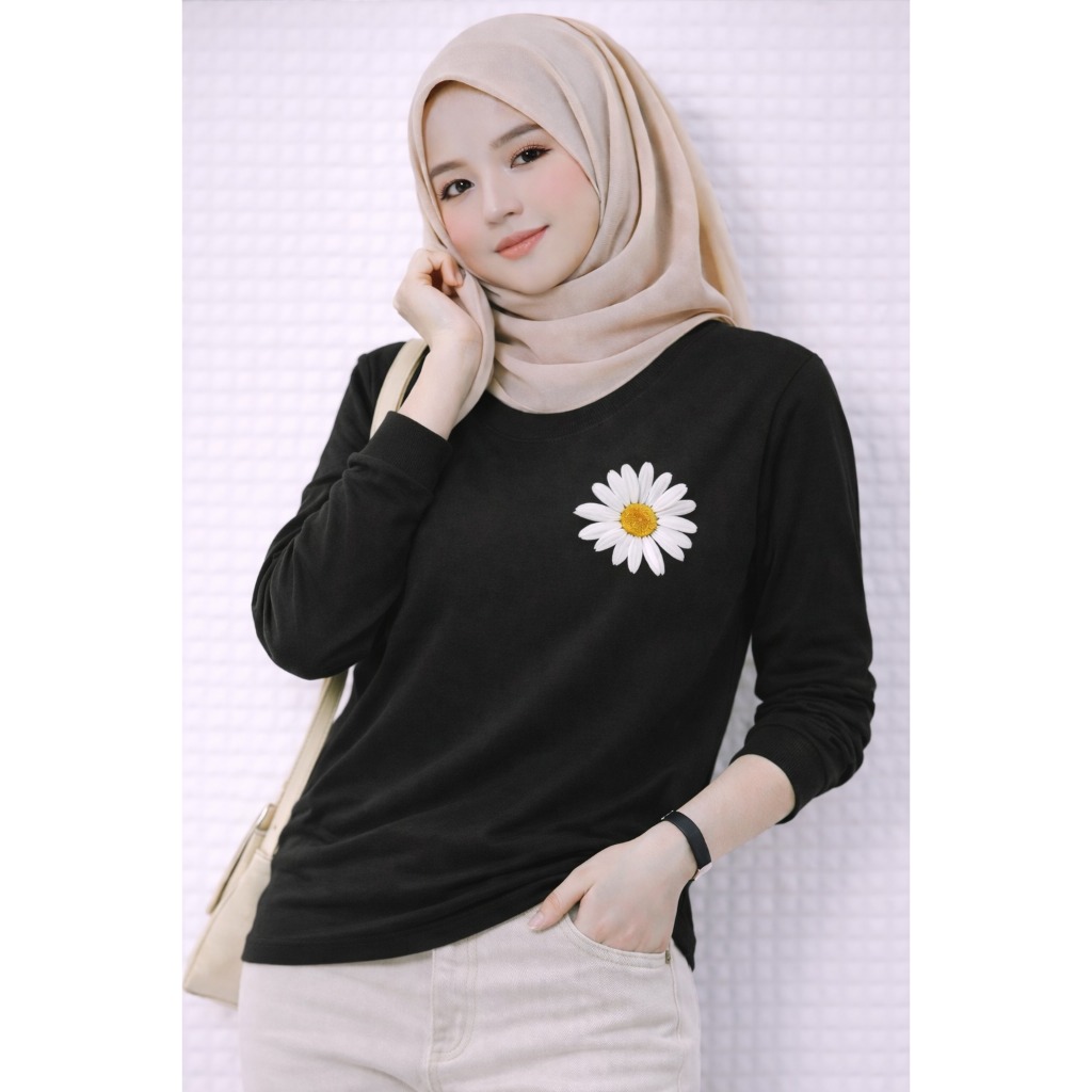 Karaya Fashion Kaos Lengan Panjang Wanita Motif Bunga Daisy Tshirt DTF Baju Long Sleeve Crewneck Ata