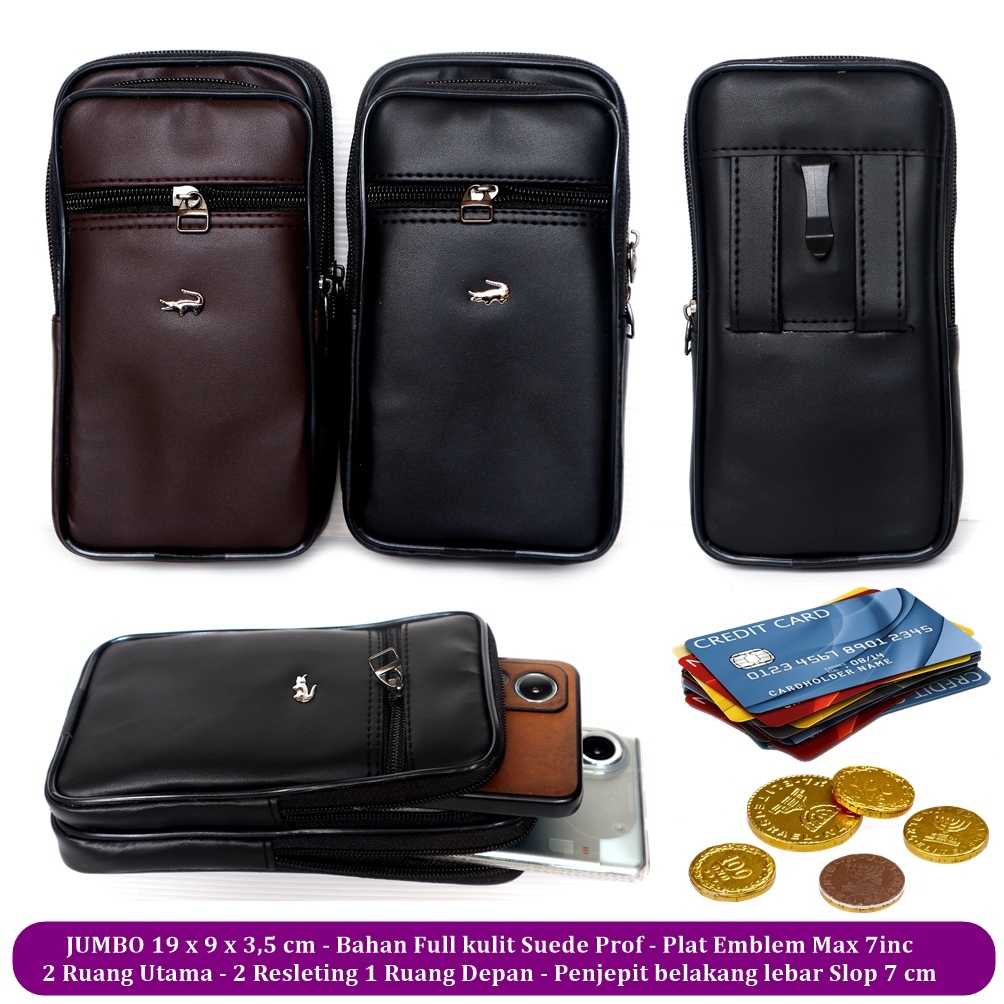 Tas Dompet Pinggang HP Pria Muat 2 HP Kulit Premium 3 Ruang Besar Jumbo Plat