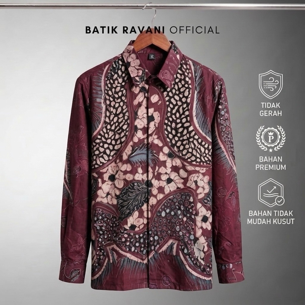 Kemeja Batik Premium | Kemeja Batik Pria Lengan Panjang | Batik Pria Lengan Panjang Warna Maroon