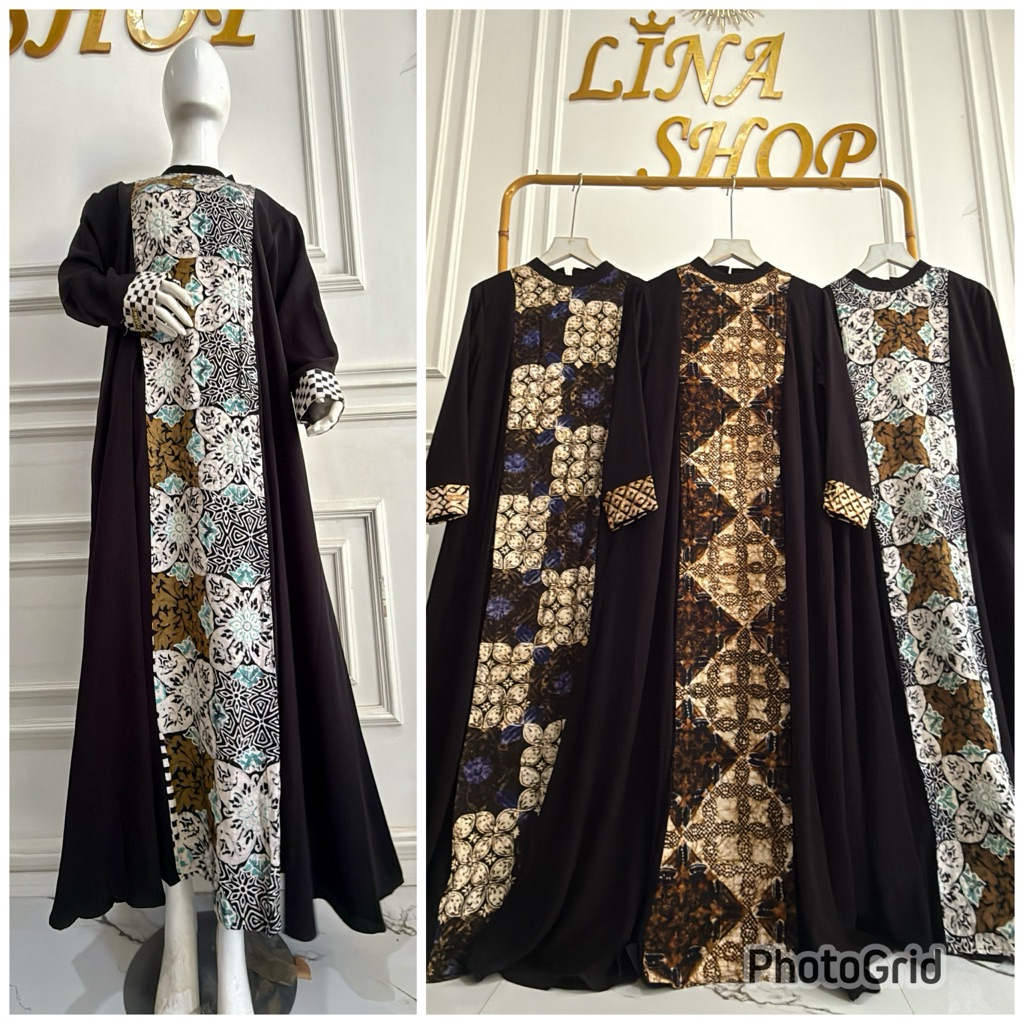 Dress batik amori terbaru,gamis hitam motif batik amori,dress premium wanita kekinian