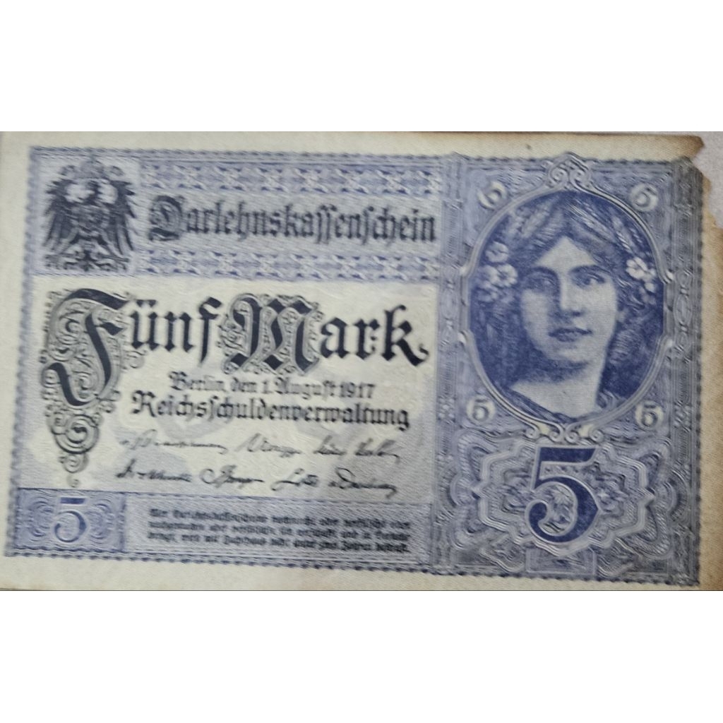 Uang Asing Negara Jerman 5 Mark Tahun 1917 Kondisi AXF Renyah Utuh Dijamin Original 100%