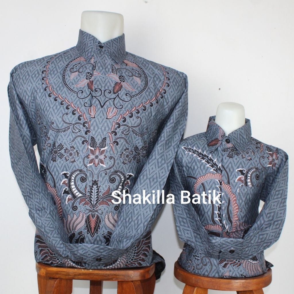 Baju Batik Katun Premium Couple Ayah Anak Warna Abu Abu