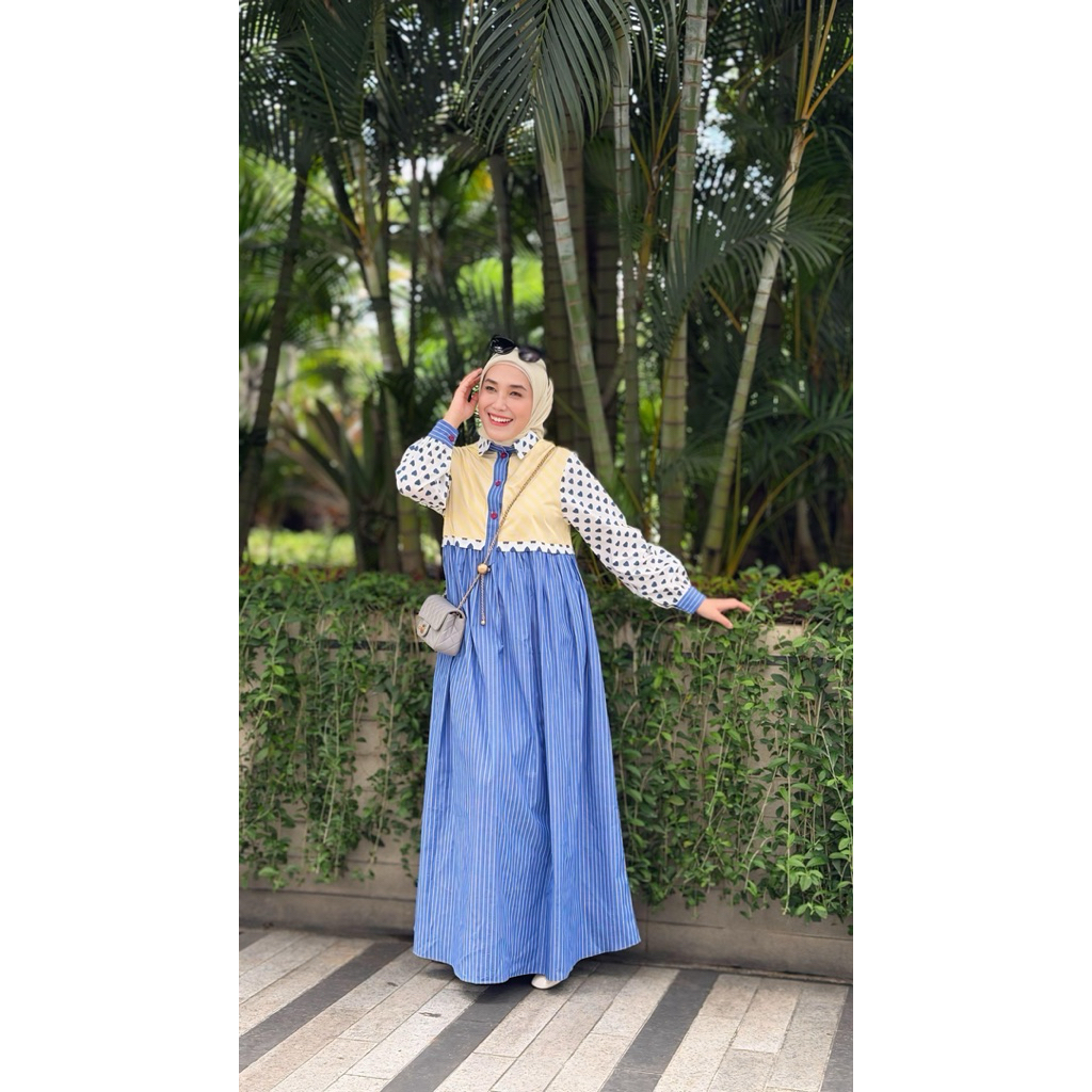 GAMIS WANITA KATUN PREMIUM BUSUI FRIENDLY || QUEEN DRESS FOLKA BLUE YELOW || EAZY STYLE
