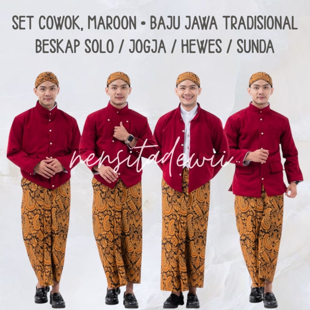 Set Cowok, Maroon • Baju Adat Jawa Tradisional | Beskap Solo / Jogja / Sunda / Hewes