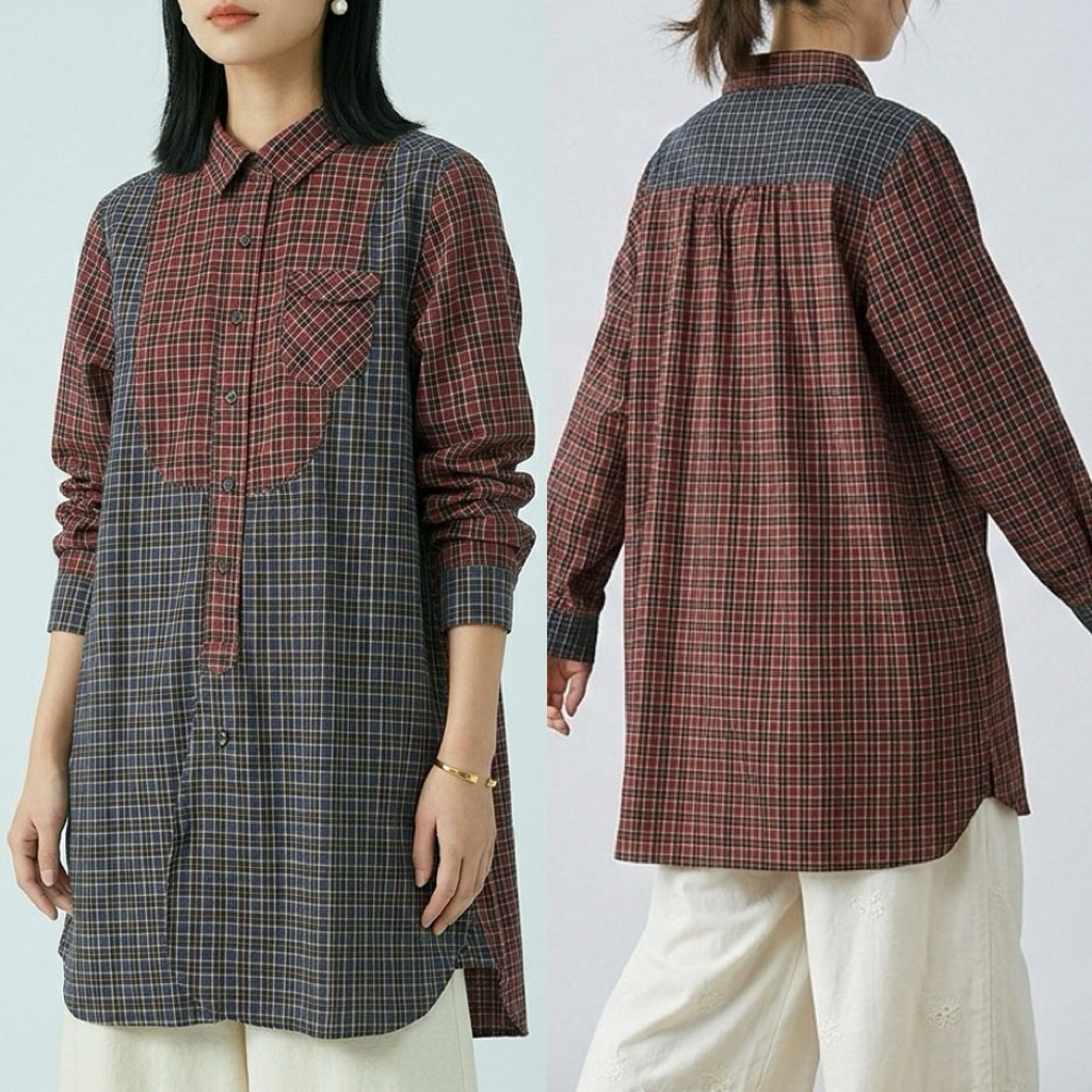 KEMEJA TUNIK KATUN KOTAK DUOTONE MERAH BIRU KOREA IMPORT