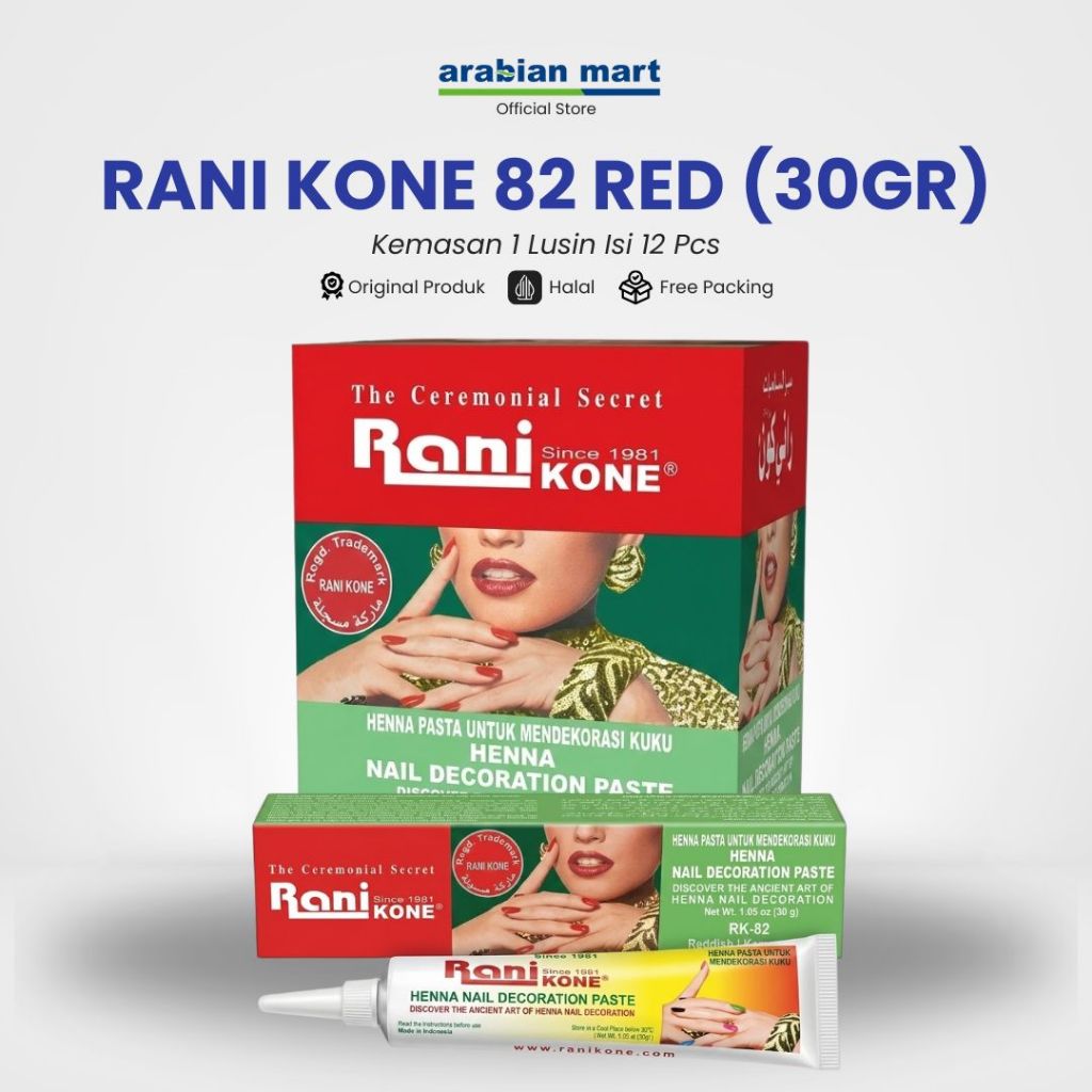 1 LUSIN (12 PCS) Rani Kone Rani Cone RK 82 RED 30gr Merah Kutek Kuku Aman dan Halal Sah Untuk Sholat