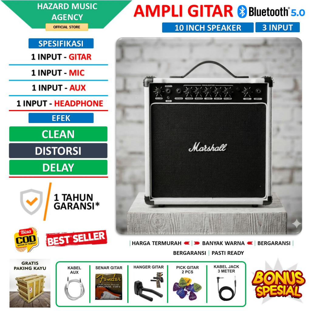 Ampli gitar & bass 10 Inch 3 input bluetooth bisa untuk karaoke ada efek distorsi delay putih