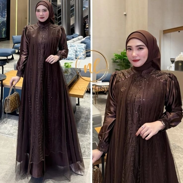 GAMIS BRUKAT VIRAL LEYA DRESS IMPORT PREMIUM BAHAN VELVET MIX BRUKAT TILLE MEWAH PLUS TALI PINGGANG