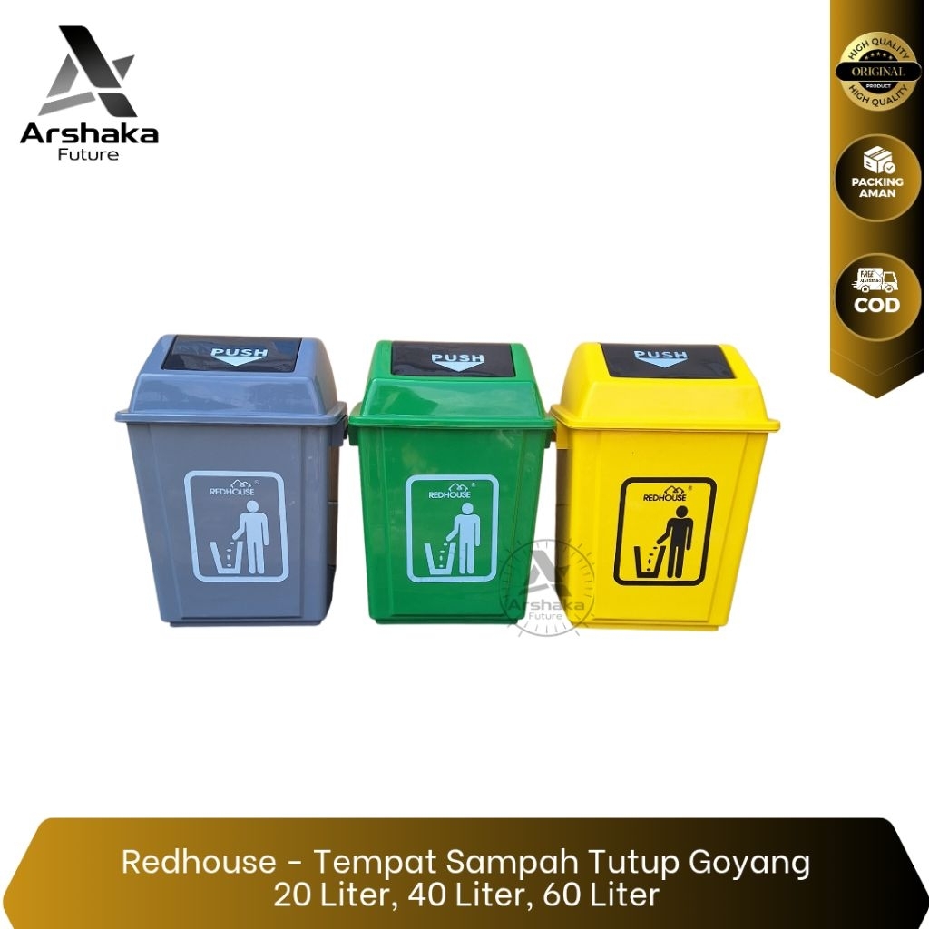 Redhouse - Tempat Sampah Tutup Goyang 20L, 40L, 60L, Tempat Sampah Indoor & Outdoor, Tempat Sampah P