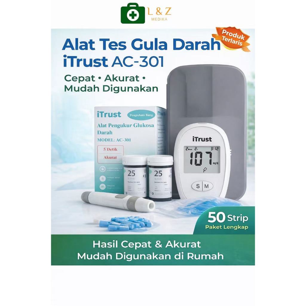 Alat Tes Gula Darah Digital iTrust AC-301 Glucose Meter + 50 Strip Cek Gula Darah Akurat untuk Rumah