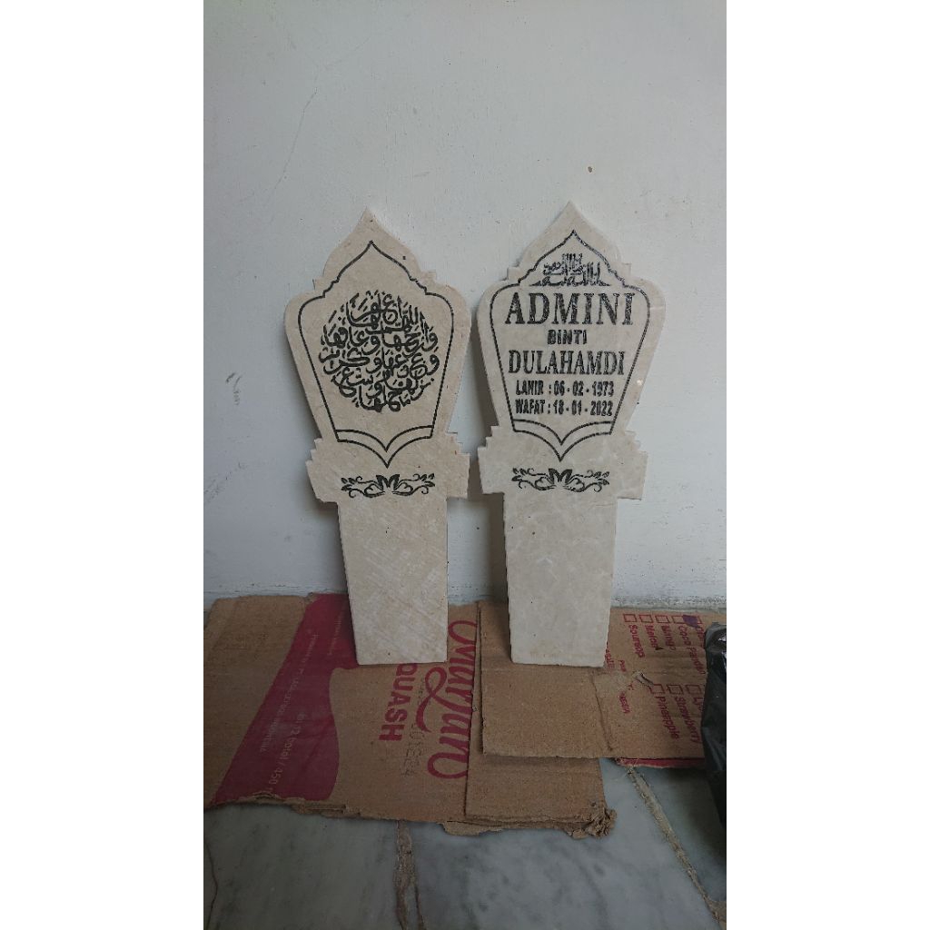 BATU NISAN TANCAP 16 × 40 CM SEPASANG (NAMA&KALIGRAFI) BAHAN BATU MARMER + FREE PACKING KAYU