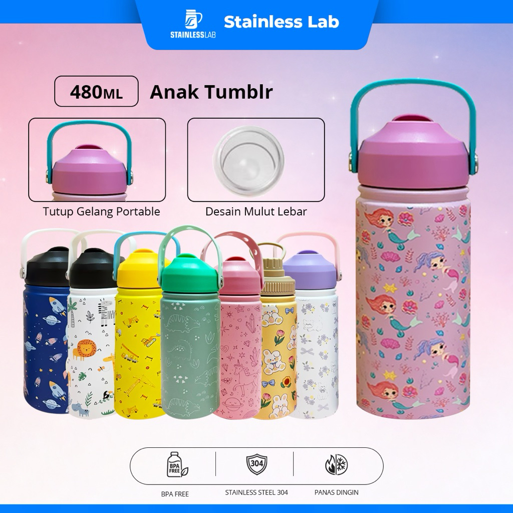 STAINLESS LAB Tumbler Stainless Tahan Panas Dingin 24 Jam 480ml Botol Minum Anak Perempuan Laki Laki