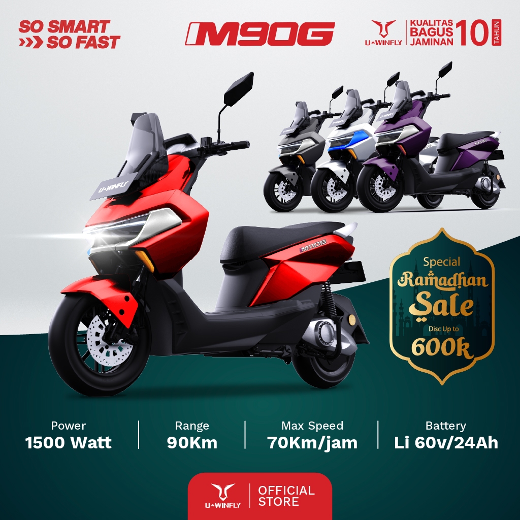 Uwinfly M90G (Motor listrik) Range 90km, 3 Percepatan, Motor Power 1500w, Li 60V24Ah, Smart U-Connec