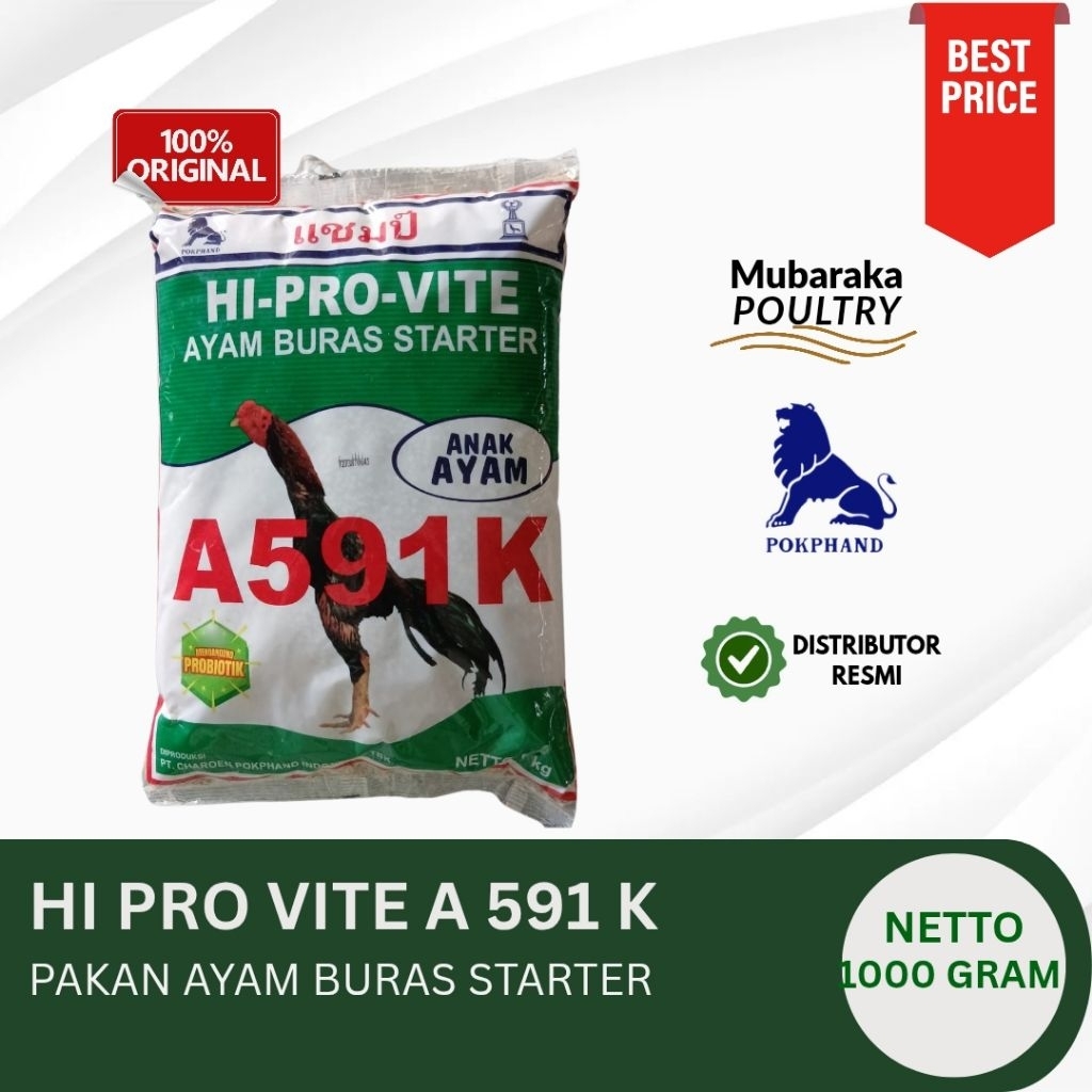 PAKAN AYAM JAGO & BANGKOK A 591 K KEMASAN 1 Kg - Pokphand - Voer Ayam Buras Starter- Hiprovite - Ter