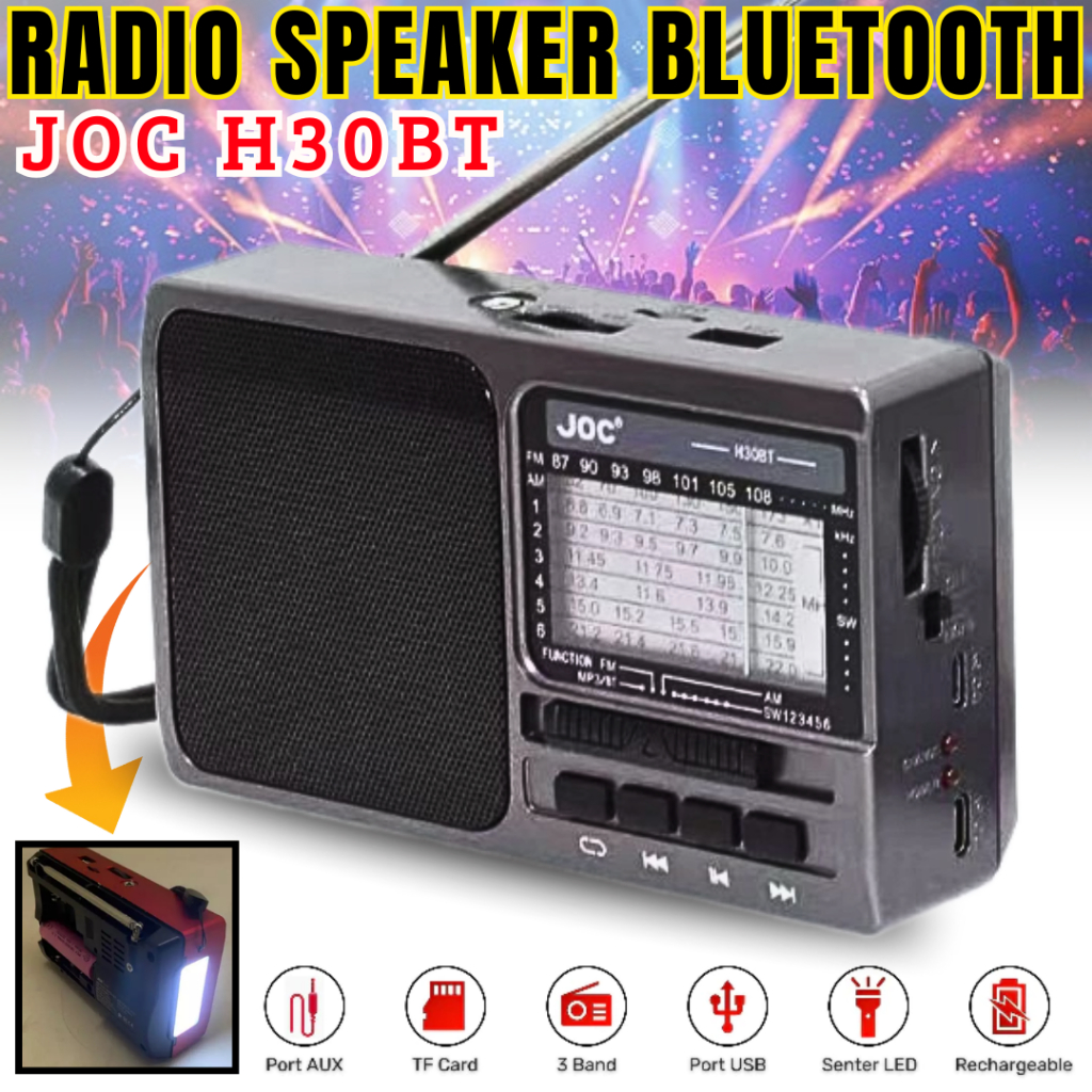JOC Radio 8 Band AM FM SW Bluetooth H30BT USB TF Card Senter Baterai 18650 / Speaker Radio Bluetooth