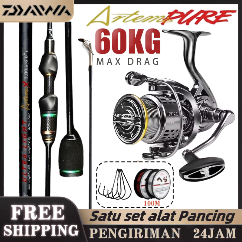 Joran Ikan Pancing Paket Joran Ikan Pancing DAIWA UL Carbon Solid Tip Hitam - Spinning Reel Silver