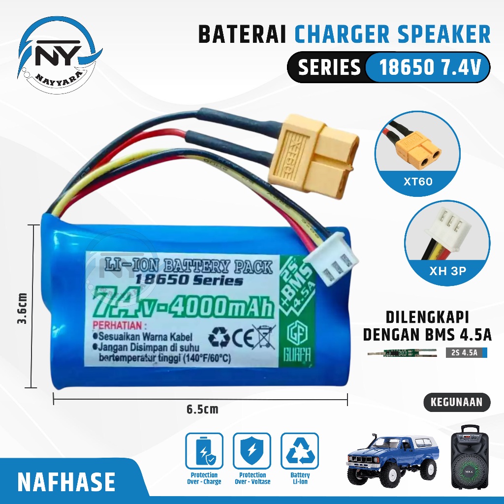 Baterai Speaker Mobil RC Tipe Li-ion 2X 18650 7,4Volt 4000mAh BMS 2S 4.5A Dua Soket