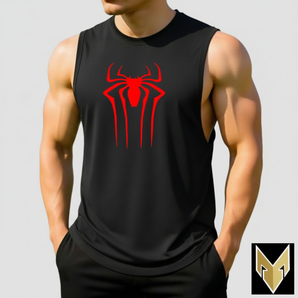 Kaos Singlet Olahraga Pria Low Cut Spiderman Red Dewasa Gym Fitnes Bahan Elastis Nyaman dan Adem