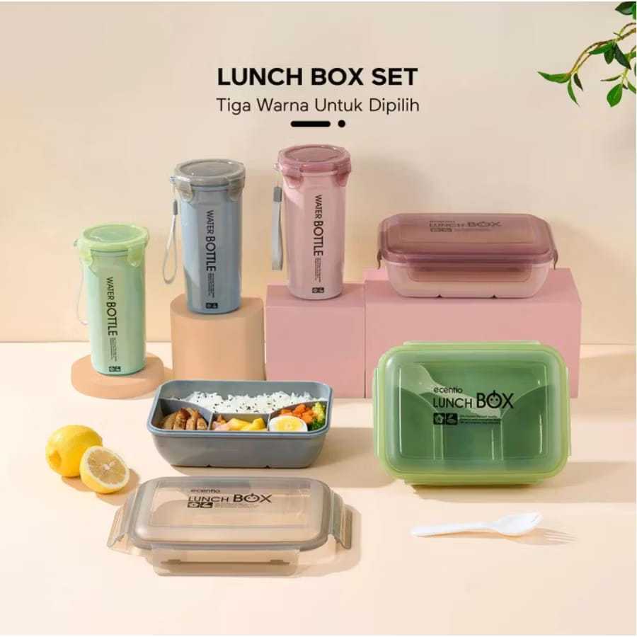 LUNCH BOX SET / KOTAK BEKAL SET / KOTAK NASI SET FREE BOTOL MINUM & SENDOK 8216 500ML