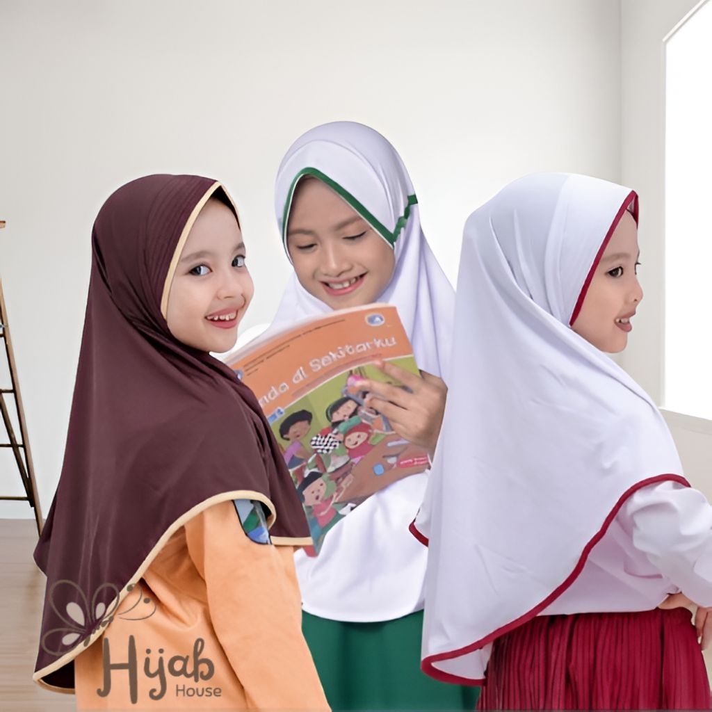 Kerudung Anak sd perempuan Jilbab Instan Anak Sekolah Putih list merah