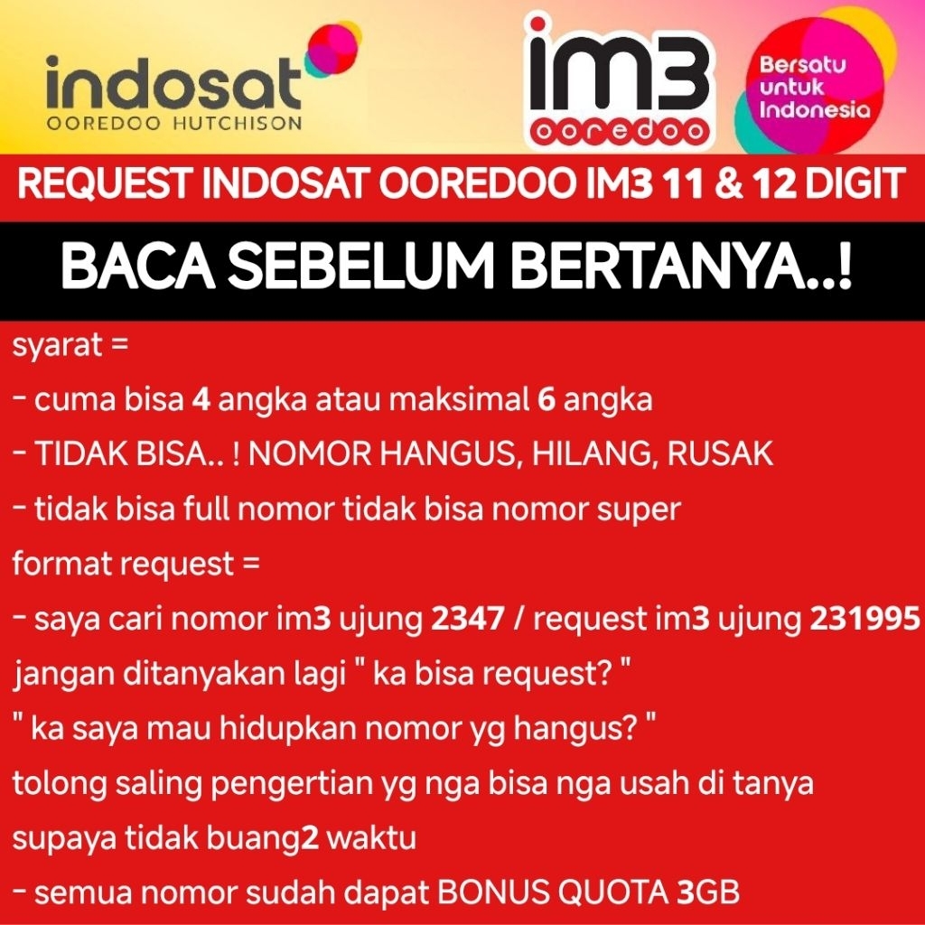 request nomor Indosat im3 11 / 12 digit  kartu perdana 4G 5G freedom 3GB