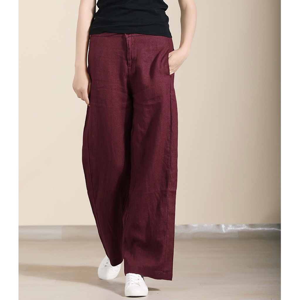 Celana kulot wanita merah maroon pinggang belakang karet casual outfit