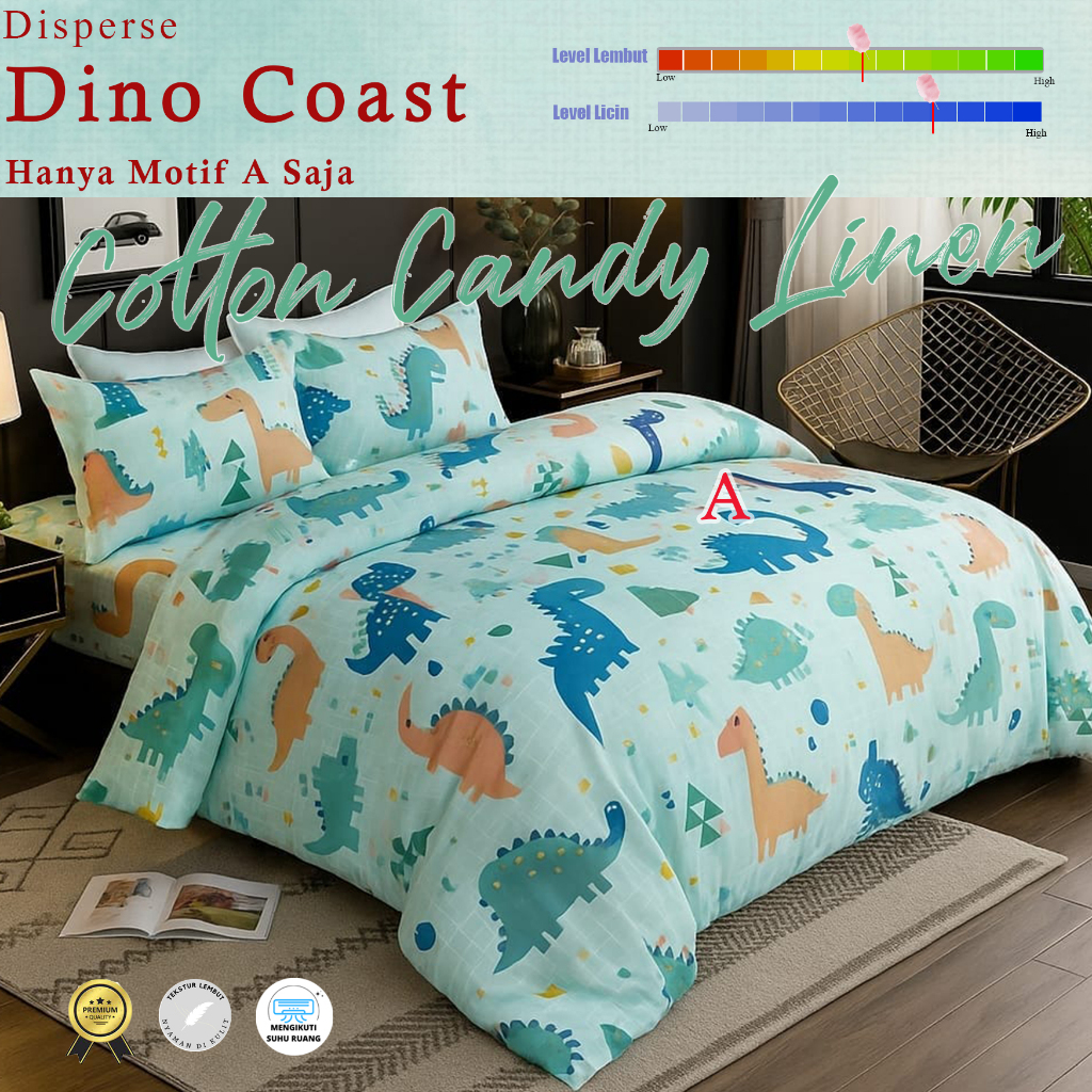 Sprei Set Motif Anak Dino Coast Katun Disperse / Bedcover Motif Karakter / Motif Kartun