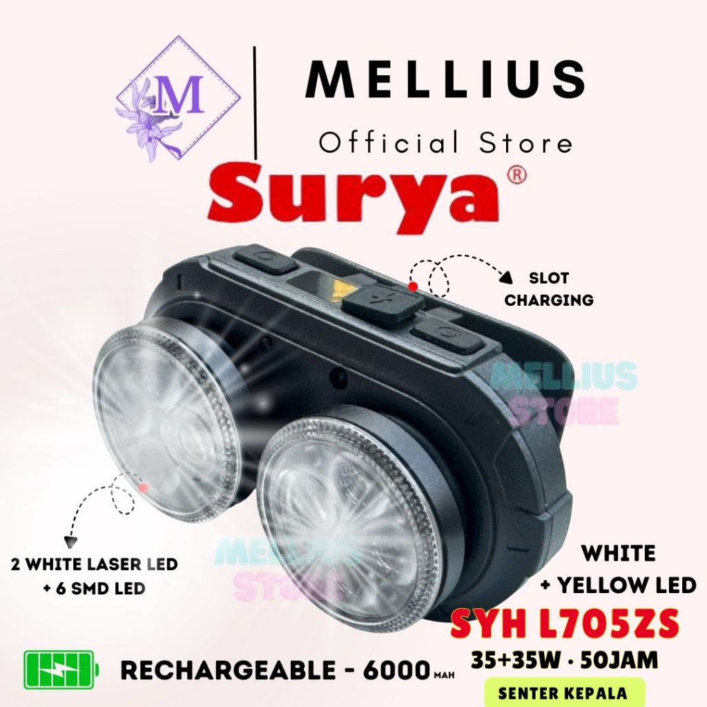 Surya Senter Kepala Premium 35w + 35w Laser LED Super Terang 70 Watt SYH L705ZS Cahaya Putih Kuning 